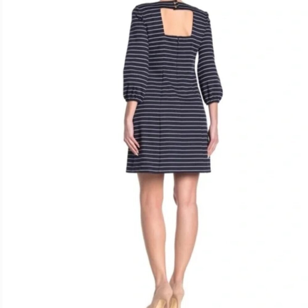 ELIZA J Boatneck Long Sleeve Stripe Cut-Out Back Knit Shift Dress, Navy - Picture 2 of 4